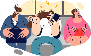 Insensitive woman bus passenger speaks loudly on phone, violating public transport etiquette