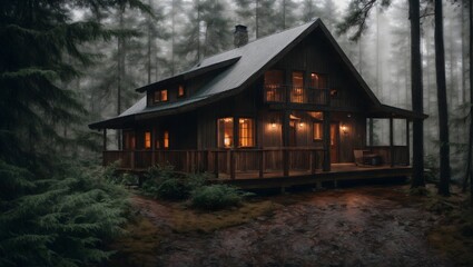 Fototapeta na wymiar A cozy cabin in the woods, rain tapping against the windows, creating a soothing and calming ambiance, perfect for a relaxing getaway. Generative AI.