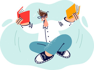 Man student with books in hands livitates and rejoices in gaining knowledge from literature