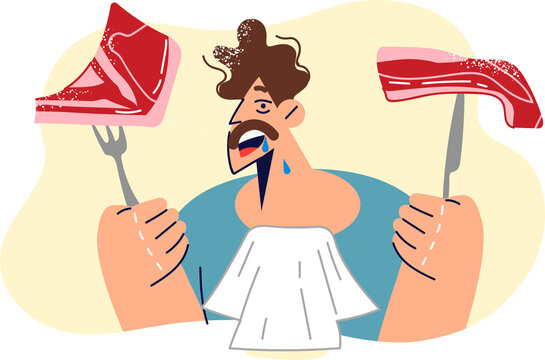 Hungry man holds two steaks and fork with knife, looking forward to eating grilled pork or beef