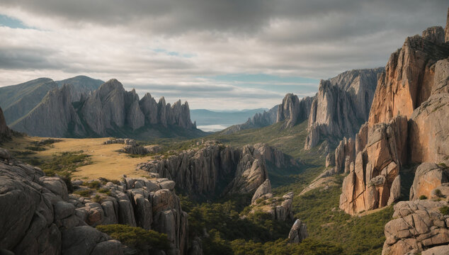 Majestic and awe-inspiring granite cliffs, with dramatic rock formations and panoramic views - AI Generative