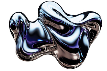 Isolated abstract melted liquid chrome metal in organic shapes, Wavy molten gloss aluminium , cutout isolated on transparent background, ready for placement.