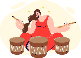 Woman plays traditional african drums, enjoying rhythmic music that induces meditative state