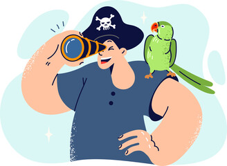 Little boy in pirate hat looks through spyglass and holds parrot on shoulder, dreaming of sea voyage © Valery