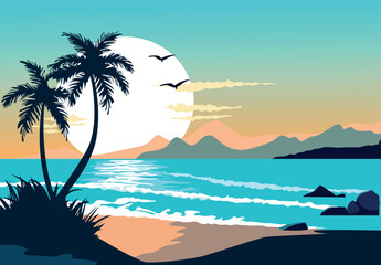 sunset on the beach landscape illustration manually created