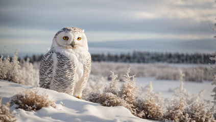 Majestic snowy owl camouflaged in a snowy landscape - AI Generative