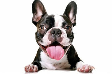 a boston terrier on an white background background licking his nose with a big pink tongue, Generative AI - obrazy, fototapety, plakaty