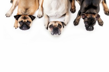 top view of a pug and chihuahuas sprawled out on an isolated white background, Generative AI