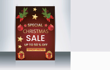 Realistic red christmas sale poster template design.