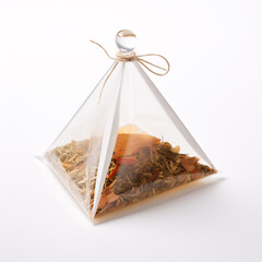 White backdrop with pyramid-shaped tea bags.
