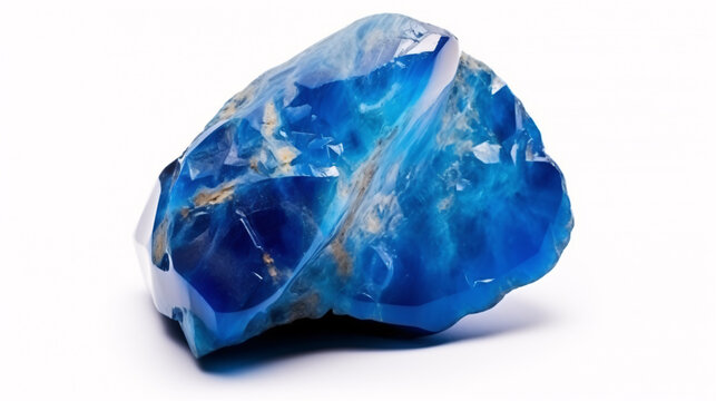 A turquoise blue semiprecious gemstone, isolated on a white surface, is the endpoint of geological processes.