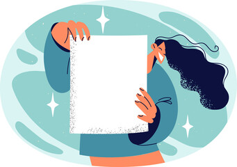 Smiling woman show white mockup paper