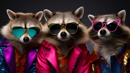 Stylish animal rock band, fashionable portrait of anthropomorphic superstar raccoons with sunglasses and vibrant suits, group photo, glam rock style.