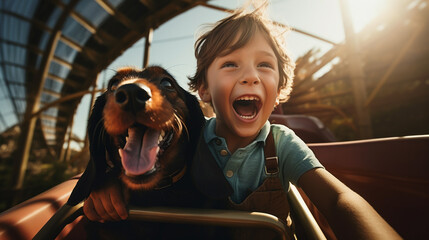 Excited boy and dog having fun on a rollercoaster - obrazy, fototapety, plakaty