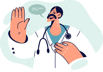 Man doctor pronounces hippocratic oath and raises hand promising to do everything to save patient