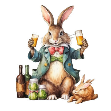 Vintage style easter bunny with beer, surrounded by alcoholic drinks, isolated