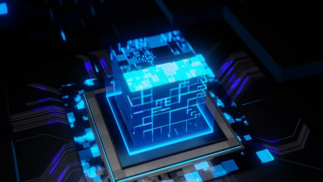 Sci-fi Cube Design: Visualizing CPU Digitalization with Blue Energy Pulse Expansion on Dark Background.