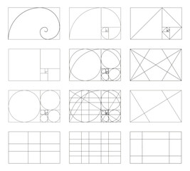 Golden ratio template set. Method golden section. Fibonacci array, numbers. Harmony proportions,  symmetry, balance. Outline vector graphic illustration. Geometry sequence grids.