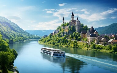 Scene of a River Cruise along the Danube in Europe. - obrazy, fototapety, plakaty
