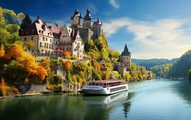 European River Odyssey: Scene of a Danube Cruise. - obrazy, fototapety, plakaty