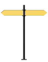 Yellow street sign or direction sign isolated on white background. Template or mockup. 3d render