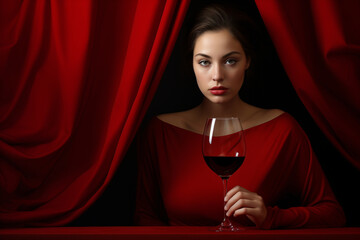 Lady in red drinking red wine