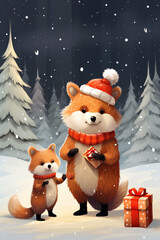 Cartoon scene with christmas fox in the forest illustration for children.