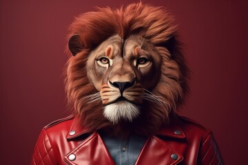 a male lion in a red leather jacket, Generative AI