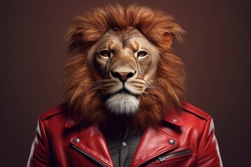 a male lion in a red leather jacket, Generative AI