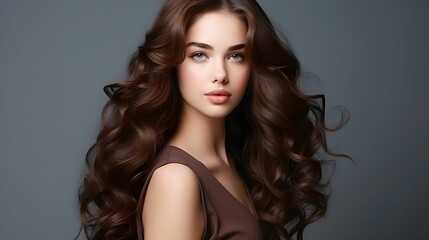 Fototapeta premium beauty brunette girl with long shiny curly hairs beauty background copy space