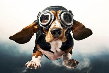 a basset hound with his ears flying away wearing goggles isolate, Generative AI - obrazy, fototapety, plakaty