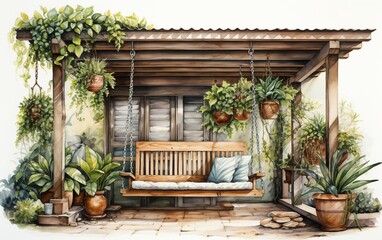 Fototapeta na wymiar Sheltered Veranda Featuring a Swing and Potted Flora .