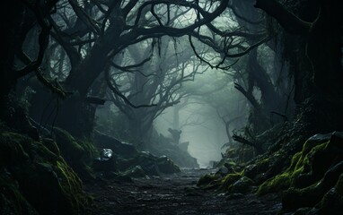 Enigmatic Mist Blanketing an Ancient Forest. - obrazy, fototapety, plakaty