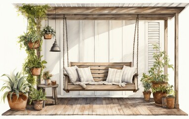 Porch with a Covered Swing and Potted Greenery .