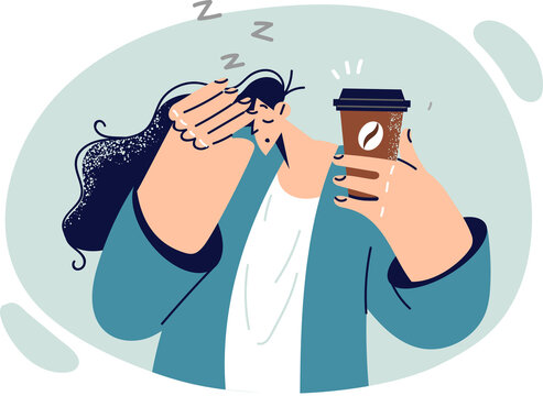 Tired woman drinks coffee to get rid of drowsiness and energize drink containing caffeine or taurine