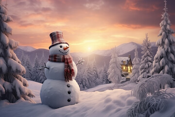 Obraz premium Christmas scene with happy snowman at sunset