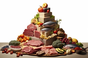 a food pyramid with meat, dairy and plants, Generative AI - obrazy, fototapety, plakaty