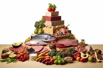 a food pyramid with meat, dairy and plants, Generative AI - obrazy, fototapety, plakaty