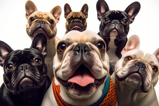 a french bulldog taking a selfie with other dogs on an isolated background, Generative AI