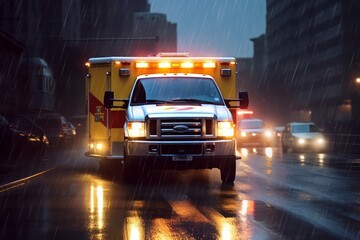 an ambulance racing through the rain on a stormy night, Generative AI