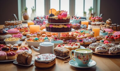 a table full of cakes and pastries, Generative AI