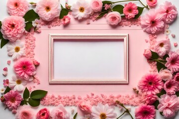 Fototapeta premium A lovely photo frame adorned with delicate pink flowers is placed on a chic surface. 
