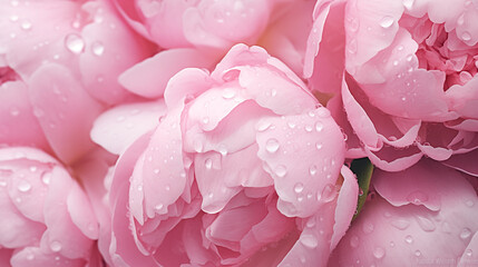 Fototapeta premium Bouquet of stylish peonies close-up. Pink and white peony flowers. Close-up of flower petals with water drops. Floral wallpaper. Delicate abstract floral pastel background. Generated AI