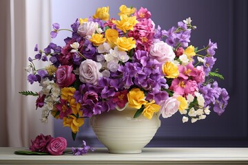 A bouquet of vibrant flowers in various shades of purple and yellow nestled in a white porcelain vase