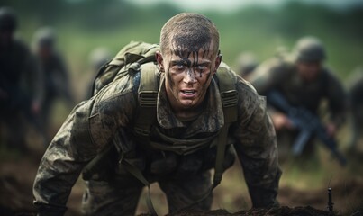 Fototapeta premium Portrait of a Soldier in Full Military Gear, Face Covered in Mud, Reflecting Exhaustion during Training. Comrades in the Background