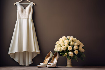 Wedding dress with shoes and flowers