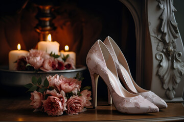 Fototapeta na wymiar Wedding dress with shoes and flowers