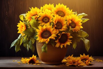 A sunflower bouquet resting in a rustic wooden vase, surrounded by vibrant yellow petals and green leaves