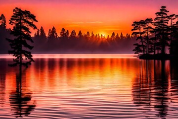 A serene lakeside sunset, where the golden hues of the sun dip below the horizon, casting a warm...