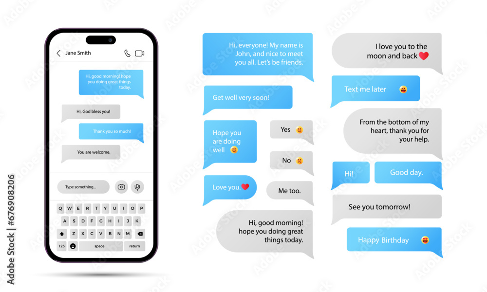 Poster set of bubbles with gradient background in text format, chat conversation in modern smartphone on wh